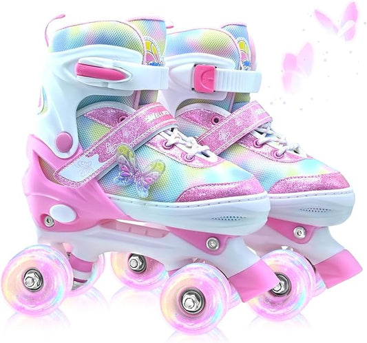 Kids Roller Skates for Girls-Outdoor 4 Size Adjustable Butterfly Quad Rollerskates for Indoor Ages 3-12 Years Beginners Children's Birthday Gift with Light Up Wheels patines para niñas Indoor