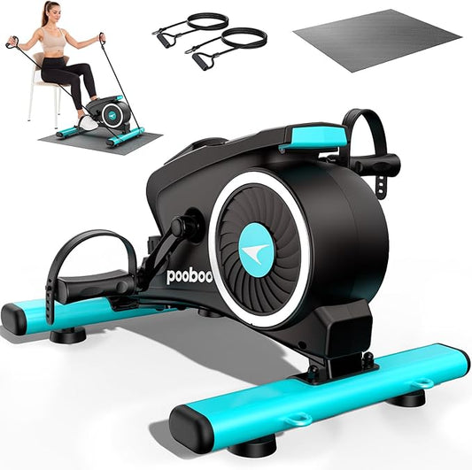 pooboo Under Desk Bike Pedal Exerciser, Quiet Magnetic Mini Exercise Bike with 16 Resistance Levels, Arm & Leg Workout, Resistance Bands & Non-Slip Mat for Home Office Therapy