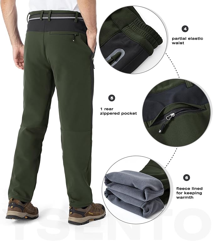 YSENTO Men's Fleece Lined Ski Snow Pants Winter Waterproof Softshell Insulated Hiking Cargo Pants