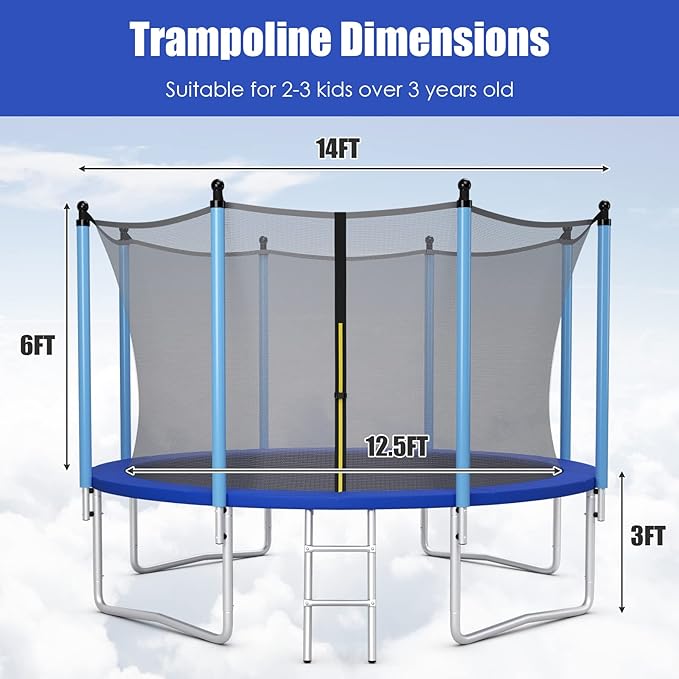 GYMAX Trampoline, 8FT 10FT 12FT 14FT 15FT 16FT Recreational Trampolines w/Safety Enclosure Net & Ladder - ASTM Certificated, Outdoor Trampoline for Kids and Adults