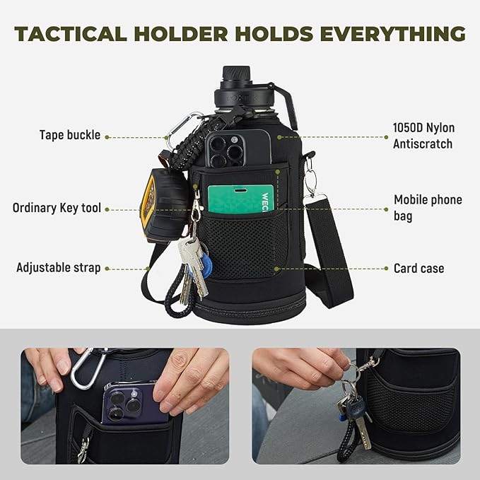 COKTIK 128 oz Insulated Water Bottle, Triple Wall Stainless Steel Flask, Keeps Drinks Cold for 48 Hrs Leak-Proof & BPA-Free Half Gallon Jug with Paracord Handle, Straw & Spout Lids(Black)