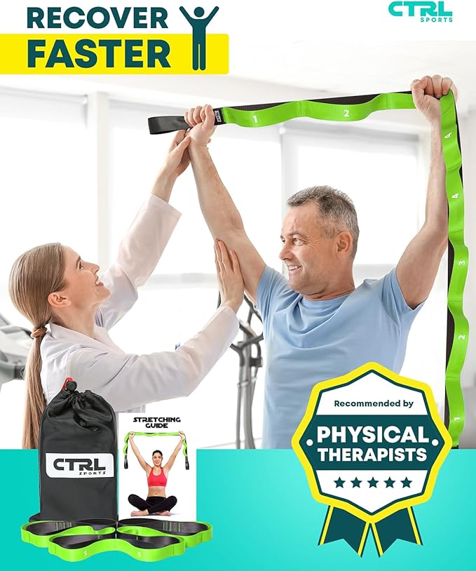 Stretching Strap with Loops - Non Elastic Stretch Band for Physical Therapy, Yoga Strap for Stretching Equipment, Stretch Bands for Exercise and Flexibility - Fascia, Hamstring & Leg Stretcher Belt