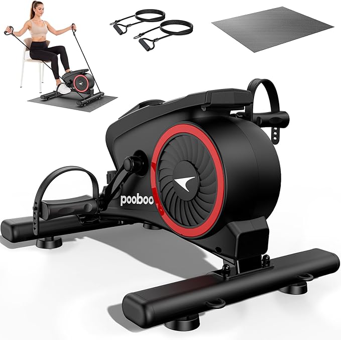 pooboo Under Desk Bike Pedal Exerciser, Quiet Magnetic Mini Exercise Bike with 16 Resistance Levels, Arm & Leg Workout, Resistance Bands & Non-Slip Mat for Home Office Therapy