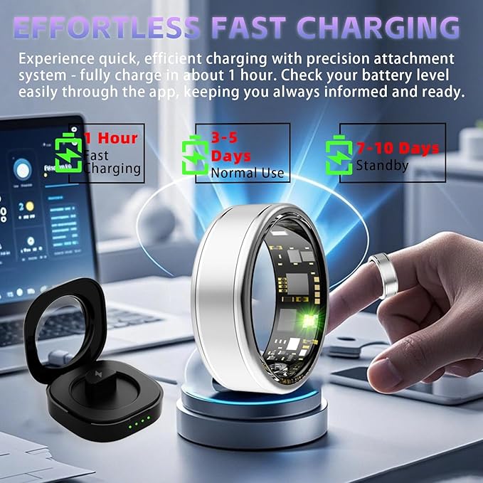 Smart Ring Health Tracker, Fitness Tracker Ring for Women Men, Monitoring of Pedometer, SpO2, Sleep Quality, Heart Rate, No Subscription Fee, Sport Rings for iOS & Android (Silver, 7)