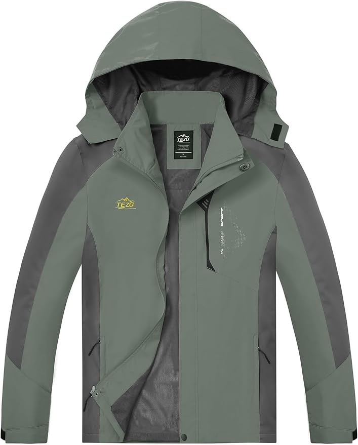TEZO Mens Rain Jacket Waterproof with Hooded Hiking Coat Lightweight Windbreaker