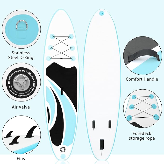 Inflatable Stand Up Paddle Board 10‘x30‘‘- Ultra-Light SUP with Backpack, Pump, Paddle, Coil Leash, 3 Fins, Repair Kit, Stable Design, Non-Slip EVA Deck for Adults & Youth