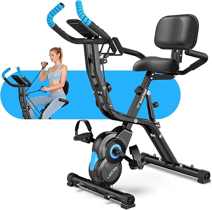 Foldable Exercise Bike, Multifunctional Indoor Stationary Bikes for Home with 8-Level Magnetic Resistance, Quiet Workout Bike with Arm Resistance Bands, LCD Monitor, 300LBS Capacity
