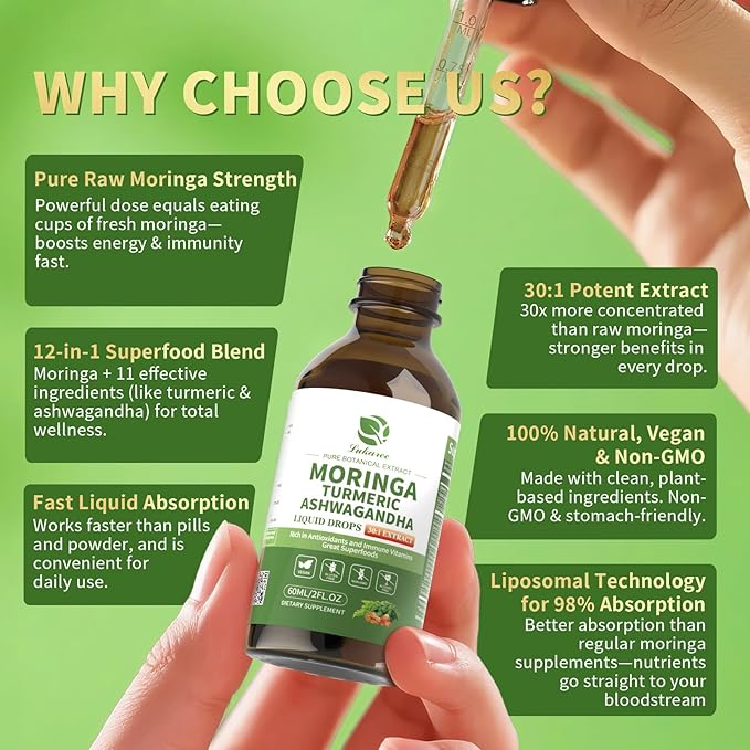 12-in-1 Lipsomal Moringa Leaf Drops with Ashwagandha Turmeric Quercetin, 98% Absorption & 30:1 Pure Moringa Extract for Energy Immune Joint Digestive Support, Vegan Non-GMO Gluten-Free