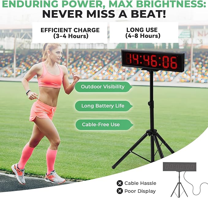 6.4FT High LED Large Timer Race Clock with Tripod Cordless Countdown/up Clock Stopwatch with IR Remote Control for Sports Race, Running Events, Marathon