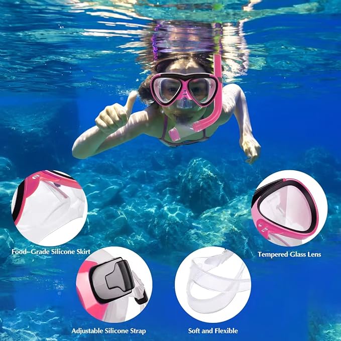 GreenLF Kids Snorkel Set, Anti-Fog Snorkeling Mask with Nose Covers for Youth Junior Child, Boys & Girls Age 5-12, Semi-Dry Diving Scuba Swimming Goggles Gear Packages