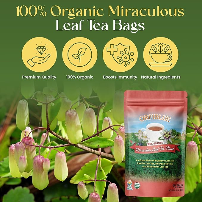 100% Organic Miraculous Leaf Tea bags | Organic Herbal Teas | Premium Quality & Flavorful Blends - 0 Sugars, 0 Carbs, 0 Fats, 1% Sodium (25mg) | Rich in Vitamins - Detox, Immunity, Wellness & More