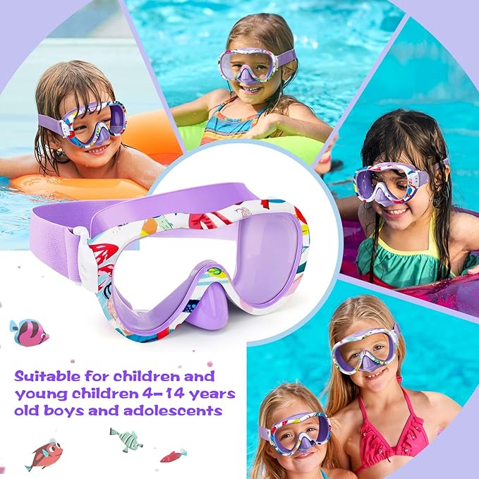 Kids Swim Goggles with Nose Cover, 180° Panoramic Snorkel Mask with Anti-Fog & Anti-Leak Design, Comfort Fabric Strap UV Protection Lens for Boys Girls Ages 3-15