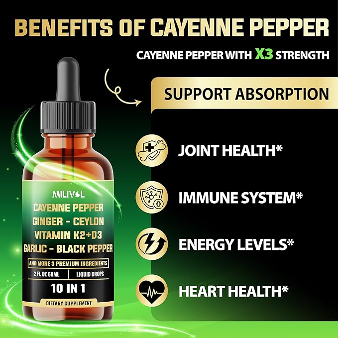 10in1 Cayenne Pepper Liquid Drops + Ginger, Ceylon Cinnamon, Vitamin D3, Vitamin K2, Garlic, Black Pepper and More - Digestion Support - 2 Fl Oz - 2 Months Supply