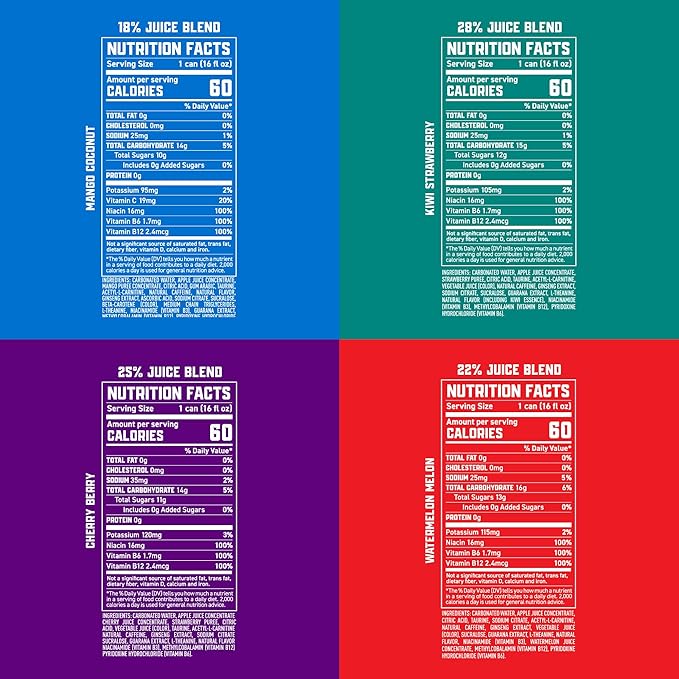 Gorilla Energy Drink, Variety Pack, 200mg Natural Caffeine, Real Fruit Juice Squeezed & Concentrated, L-Theanine, Taurine, Ginseng, Acetyl L-Carnitine, No Added Sugar and No Artificial Colors, 12 Pack