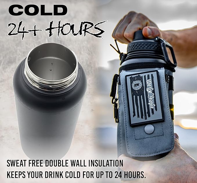 Iron Infidel Battle Bottle - 32 Oz Insulated Water Bottle with Straw Lid & Chug Cap, Stainless Steel Metal Tactical Flask with Rugged, Removable Sleeve for Keys & Phone or Wallet (Betsy Ross 1 Liter)