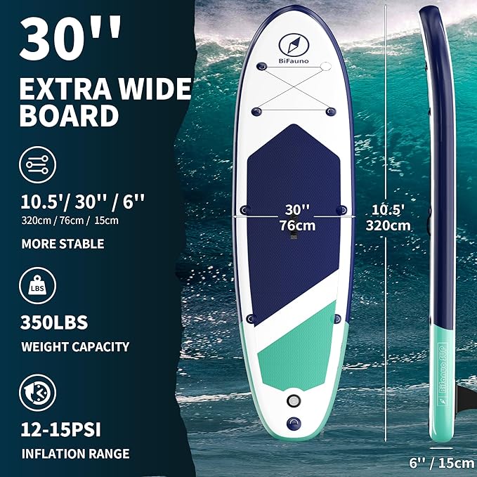 Inflatable Stand Up Paddle Board with SUP Accessories & Backpack. Paddle Boards for Adults. Non-Slip Deck, Wide Stance, Bottom Fin, Double Action Pump.