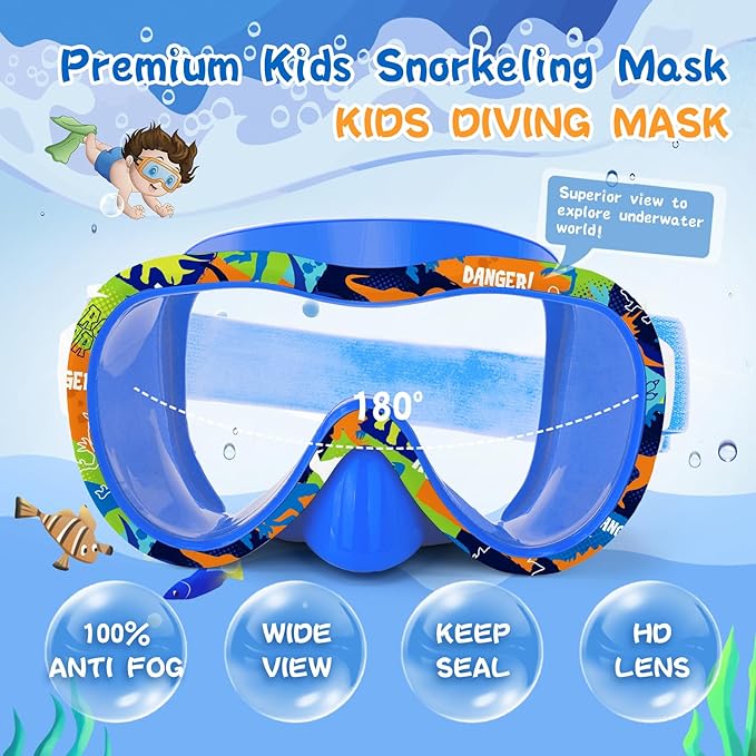 Kids Swim Goggles with Nose Cover, 180° Panoramic Snorkel Mask with Anti-Fog & Anti-Leak Design, Comfort Fabric Strap UV Protection Lens for Boys Girls Ages 3-15