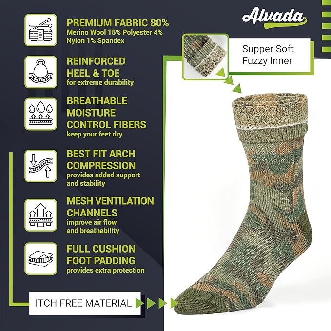 Alvada Merino Wool Hiking Socks Thermal Warm Crew Winter Boot Sock For Men & Women 3 Pairs
