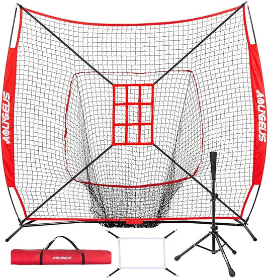 7'X7' Baseball Softball Practice Net,Pitching Net,Batting Net,with Baseball Tee,Bonus Strike Zone and Bow Frame,for Hitting,Pitching, Catching