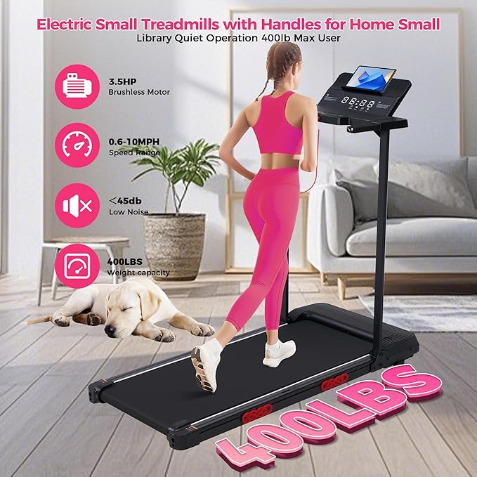 Walking Pad Treadmill with Handle Bar, 3.5HP Compact Electric Walking Pads Treadmills with Handles for Home Apartment Small, 0.6-10MPH Portable Foldable Folding Small Treadmill Home, 400LBS Capacity