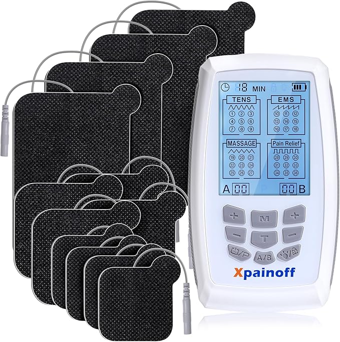 4 in 1 TNES Unit Muscle Stimulator Rechargeable Dual Channel EMS Muscle Massager Electronic Pulse Machine 36 Modes for Pain Relief Therapy,12 PCS TENS Unit Electrode Pads,Storage Case