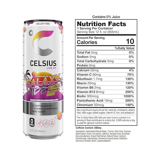 CELSIUS GALAXY VIBE Sparkling Strawberry Watermelon, Sugar Free Energy Drink, 12 Fl Oz (Pack of 12)