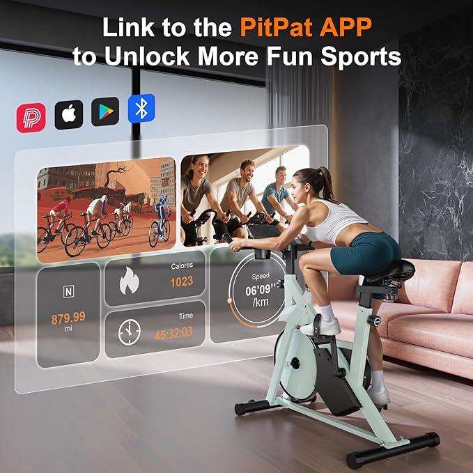 Stationary Bike, Spin Bike with 32 Levels of Adjustable Magnetic, Exercise Bike for Home with Exclusive App, Low Noise Indoor Bike, Cycling Bike with Comfortable Seat Cushion