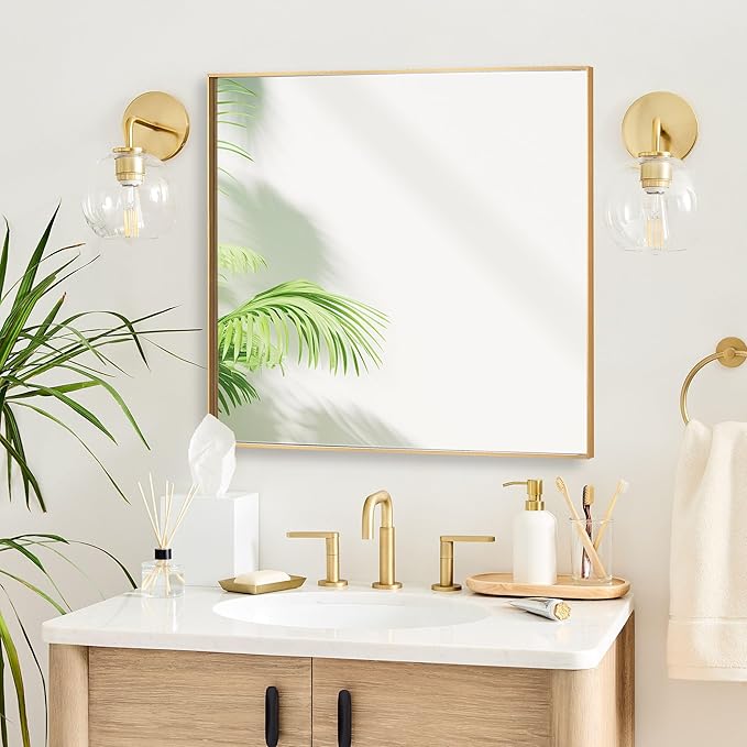 30x30 Inch Orange Gold Bathroom Mirror for Wall, Aluminum Frame Rectangle Rectangular Vanity Mirror, Modern Large for Bedroom, Living Room, Horizontal or Vertical