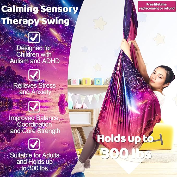 Double Layer Sensory Swing for Kids & Adults Holds up to 300lbs Indoor and Outdoor Therapy Cuddle Swing with 360° Swivel Hanger Kit Adjustable with Aspergers Autism ADHD (Fantasy Pink)