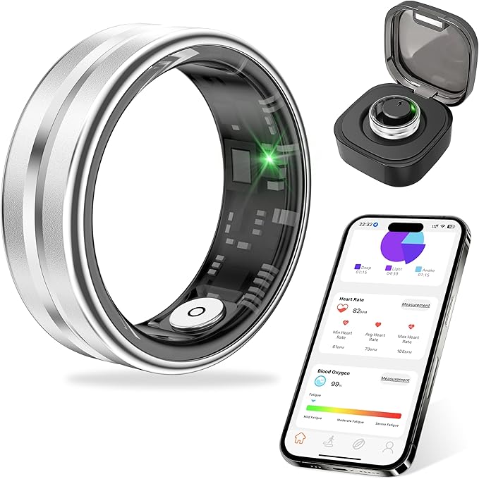 Thin Smart Ring for Fitness & Health Tracking -Pedometer,Sleep/Heart Rate/Blood Oxygen Monitor, Gesture Control / 5ATM Waterproof -No APP Subscription Compatible with Android& iOS (Silver, 9)