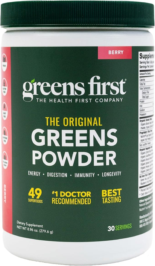 Greens First Original Greens Powder - 49 Superfoods - Organic Fruits & Veggies - Prebiotics, Probiotics & Digestive Enzymes - Antioxidant Smoothie - Dairy Free, Vegan & Non-GMO (Berry, 30 Servings)