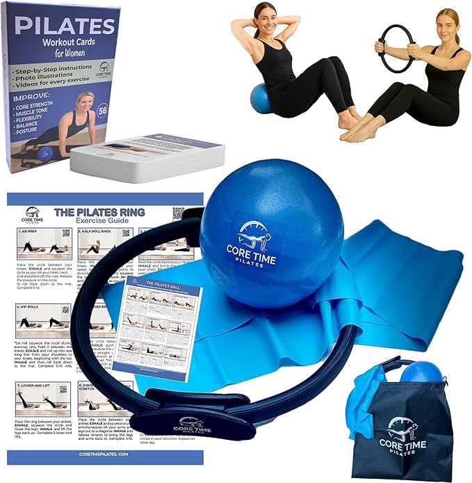 at Home Pilates Kit Featuring Ring, Ball, Band, and Workout Cards. Ultimate at Home Pilates Workout Set..
