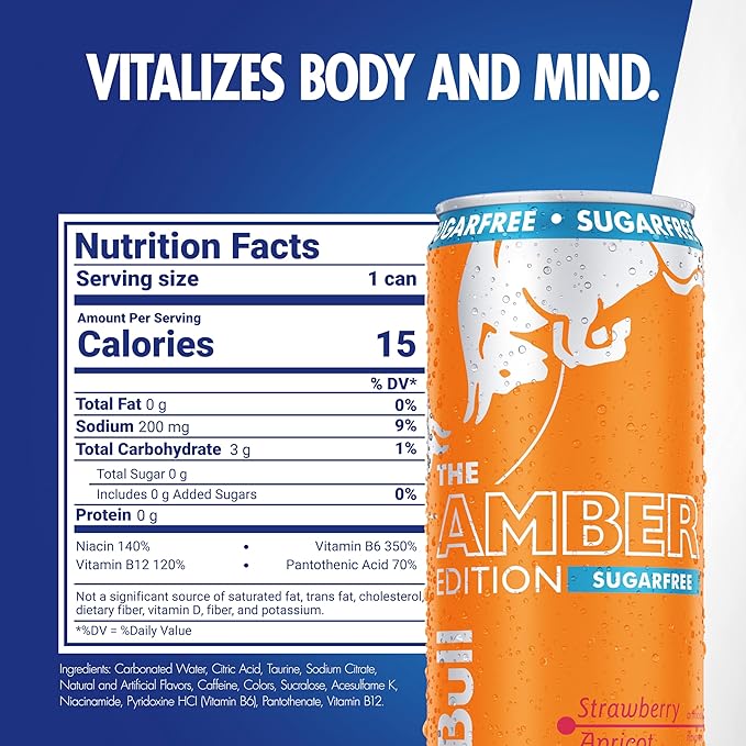 Red Bull Amber Edition Sugar Free Energy Drink, Strawberry Apricot, with 114mg Caffeine plus Taurine & B Vitamins, 12 Fl Oz, Pack of 24 Cans
