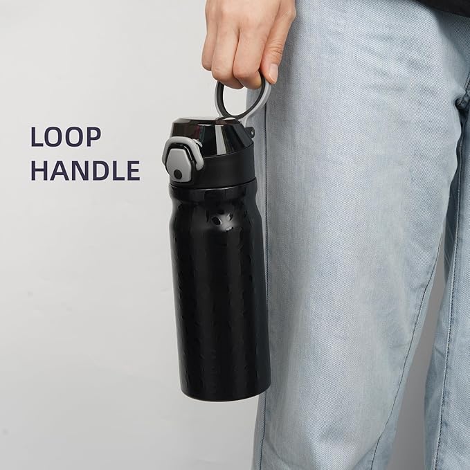 Insulated Water Bottle with Straw and Carry Loop,18 oz Stainless Steel Double Wall Vaccum Metal Water Flask with Leak-proof Lid,Black Leopard