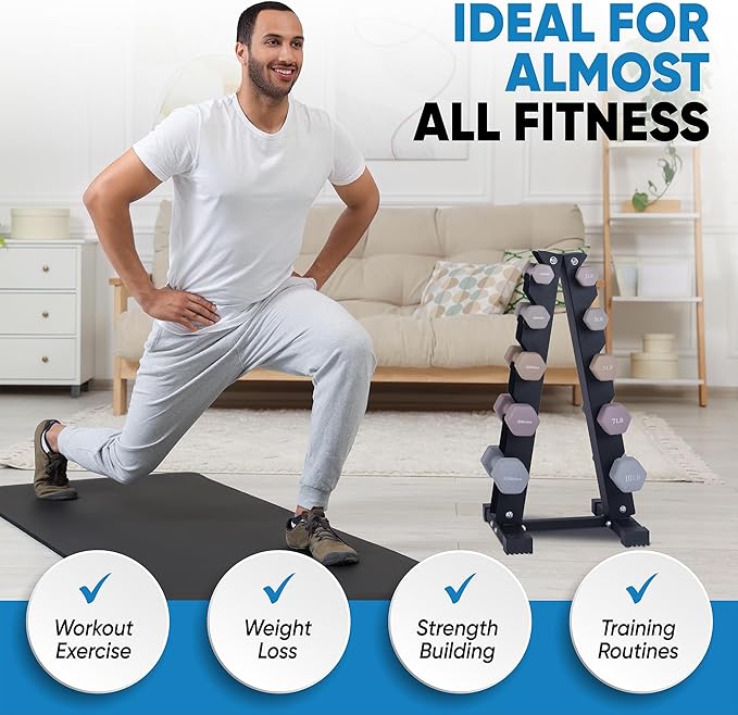 Dumbbell Set with Rack - Neoprene Coated Weights with Stand - Hex Color Coded Dumbell Pairs 1-20 LBs