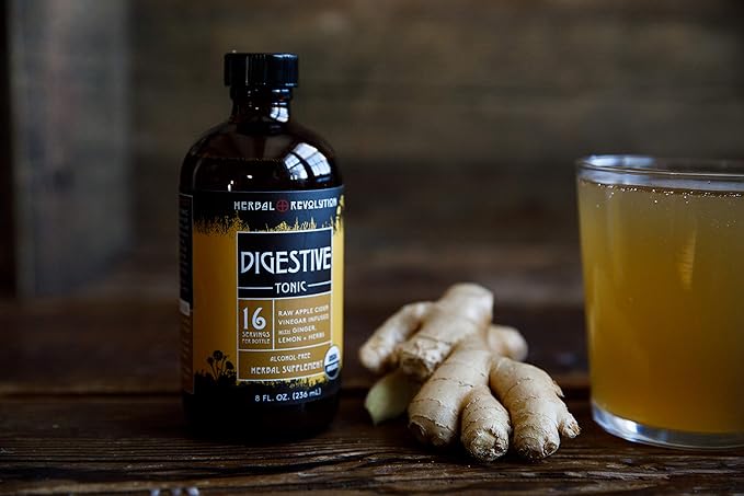 Herbal Revolution Digestive Tonic - Certified Organic Non-GMO Apple Cider Vinegar Infused with Honey, Burdock Root, Dandelion, Lemon Balm & More, Made Using Regenerative Farming Practices - 8 Fl Oz