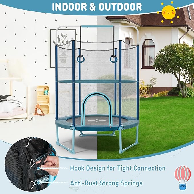 GYMAX 5FT Trampoline for Kids, ASTM Approved with Safety Net & Kitten Trapeze Rings, Indoor/Outdoor