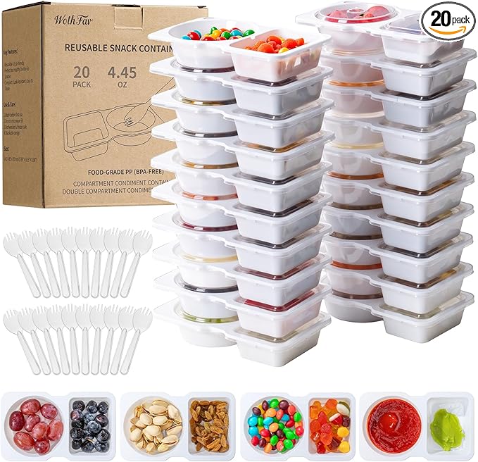 20 Sets Reusable Snack Containers with Lids & 20 Sporks – Double Compartment for Portion Control, BPA-Free Leak-Proof Dipping Containers for Meal Prep, Travel, and Outdoor Snacks (White)