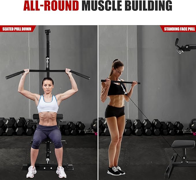 LAT All-in-one Machine with High and Low Pulley Station, LAT PullDown and LAT Row Cable Machine, LAT Tower with Adjustable Leg Support for Home Gym Total Body Training