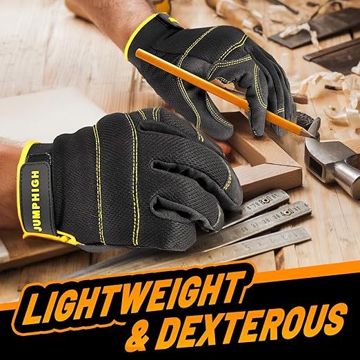 JUMPHIGH Safety Work Gloves 2 Pairs, Men's Utility Mechanic Working Gloves for Gardening Construction, Touchscreen Compatible, Flexible Breathable Fit, Knuckles & Palm (M)