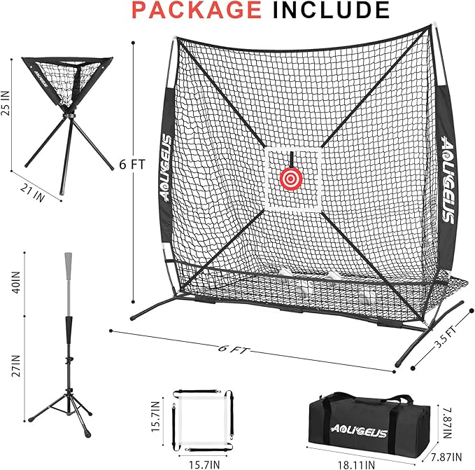 6'X6' Baseball Softball Practice Net with Batting Tee and Ball Caddy, Bonus Strike Zone Target and Bow Frame, for Hitting, Pitching, Catching