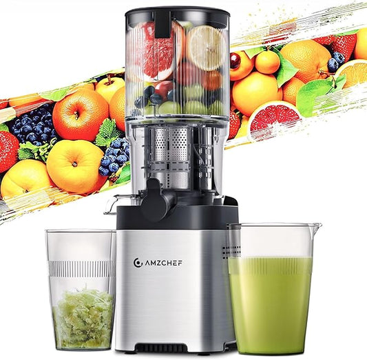 AMZCHEF Cold Press Juicer, Juicers Machines - 5.4" Large Feed Chute for Whole Fruits & Vegetables, Stainless Steel Slow Masticating Juice Easy to Clean, Large Auger, Triple Strainers, Silver
