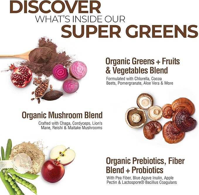 COUNTRY FARMS Organic Super Greens Chocolate Flavor, 50 Organic Super Foods, USDA Organic Drink Mix, Packed with Fiber, Fruits, Vegetables, Mushrooms & Probiotics, Supports Energy, 7g Fiber