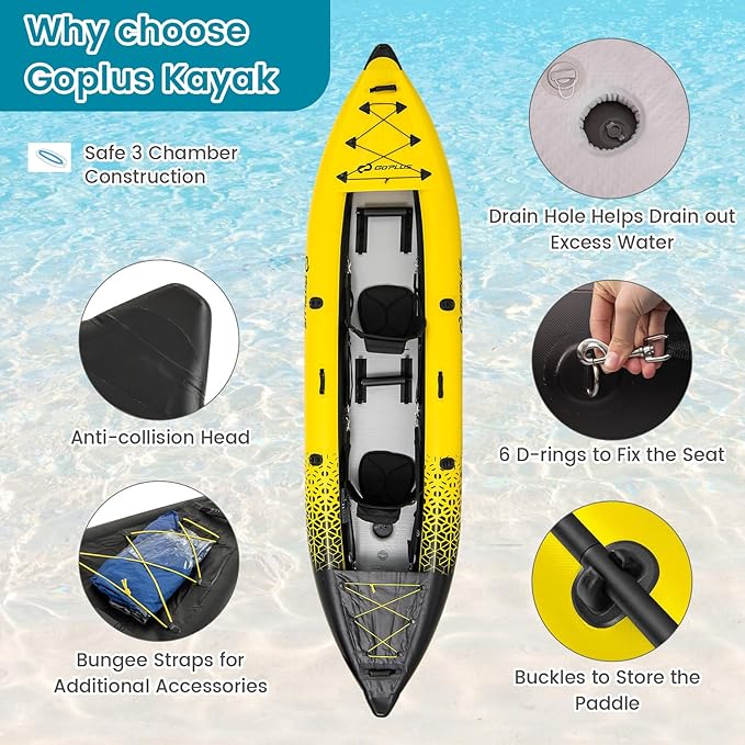 Goplus Inflatable Kayak, 2-Person Kayak Set for Adults with 507 LBS Weight Capacity, 2 Aluminium Oars, EVA Padded Seat, 2 Fins, Hand Pump, Carry Bag, Repair Kit, Portable Touring Kayaks