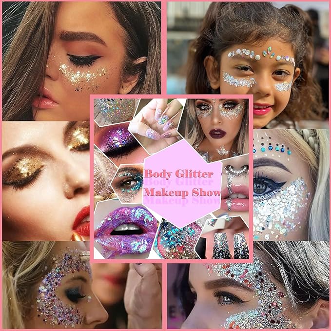 Body Glitter Face Glitter Gel: Singer Concerts Disco Festival Rave Accessories Face Glitter Makeup 150ml Chunky Sequins Mermaid Face Body Hair Glitter Gel (Silver&Pink&Gold)