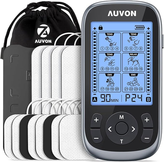 AUVON 3-in-1 TENS Unit Muscle Stimulator, EMS Massage Machine with 40 Intensities for Gradual Shoulder, Sciatica, Back Pain Relief, 24 Modes Rechargeable Electronic Pulse Massager with 12 TENS Pads