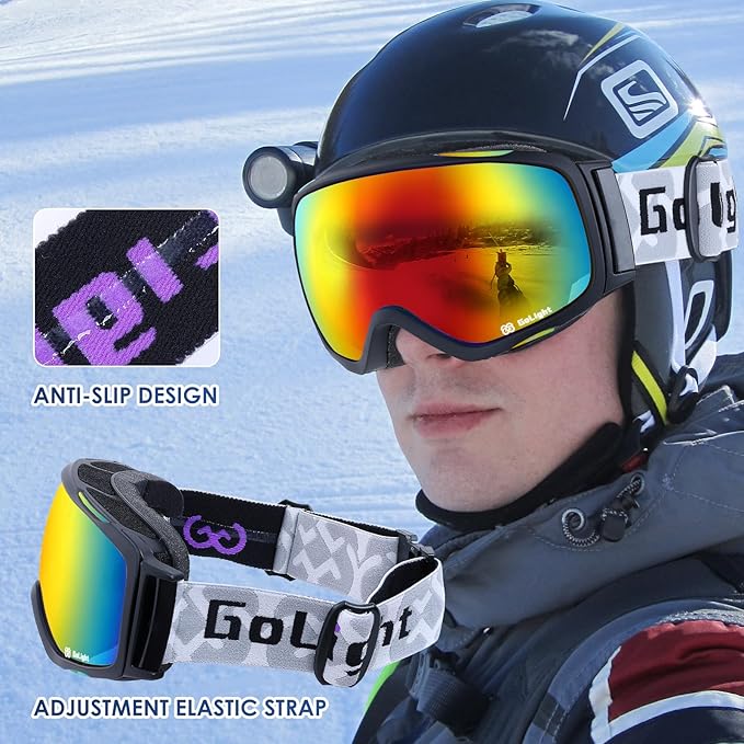 GoLight OTG Anti-Fog Ski Goggles for Men Women ??Spherical REVO Lens, UV400, Breathable TPU Frame, Adjustable Non-Slip Strap
