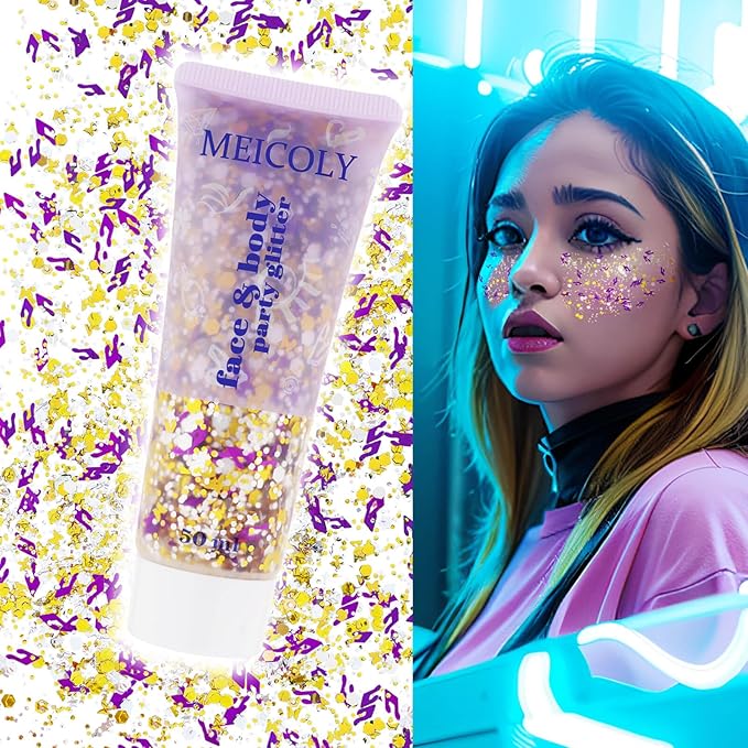 MEICOLY Face Glitter Makeup for Music Festival,Country Concert Outfits for Women,Gold Silver Purple Body Glitter,Music Festival Country Concert Accessories,Glitter Face Paint for Music Festival,50ml