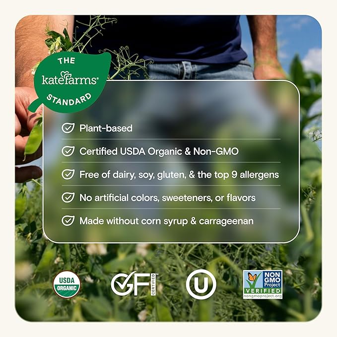 KATE FARMS Organic High Protein Strawberry Nutrition Shake, 25g Protein, 6g Fiber, 27 Vitamins and Minerals, 0g Sugar, Protein Drink, 11 oz (6 Pack)