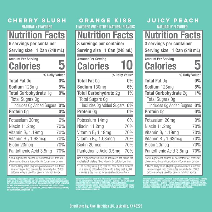Alani Nu VARIETY PACK (CHERRY SLUSH, JUICY PEACH, ORANGE KISS), Low Calorie Energy Drinks, 100mg Caffeine, Biotin, B Vitamins, Zero Sugar, 10 Calories or Less, 8 Fl Oz Cans, 12 Pack